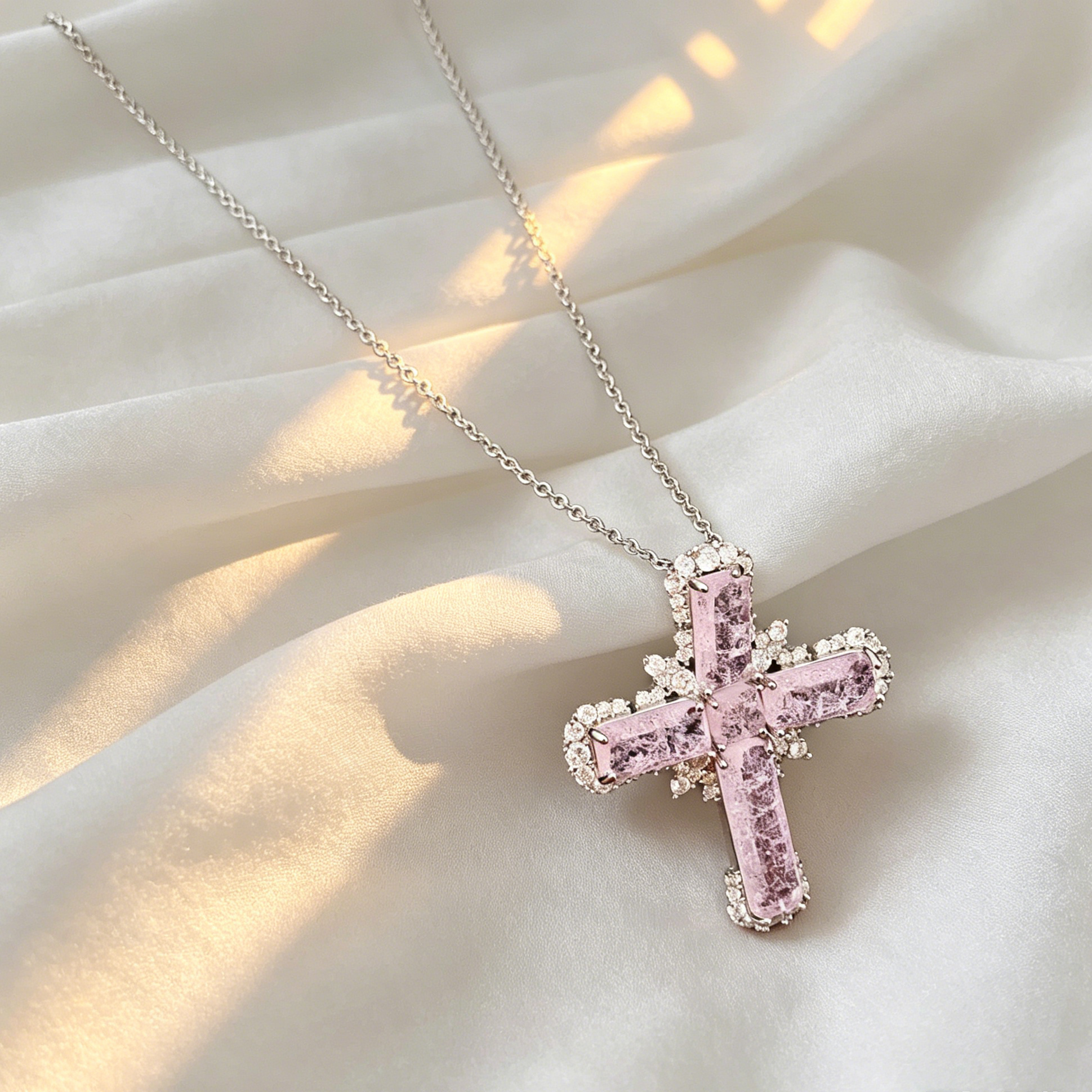 Pink Zircon Cross Pendant Necklace