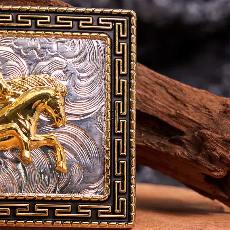 Golden & Black Rectangular Double Horses DIY Large Buckle Leather Belt
