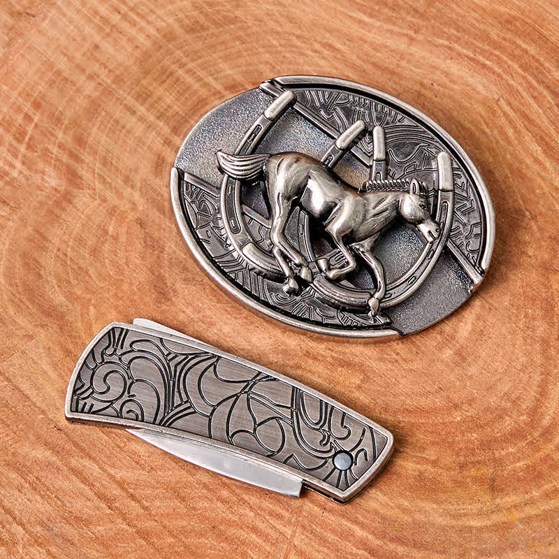 Men's DIY Galloping Horse Hidden Folding Knife Leather Belt