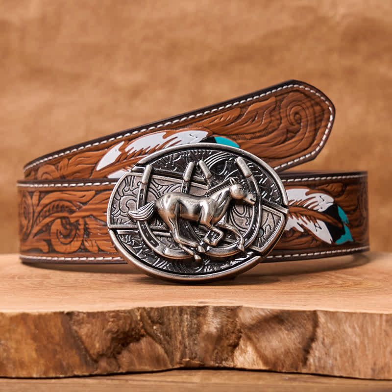 Men's DIY Galloping Horse Hidden Folding Knife Leather Belt