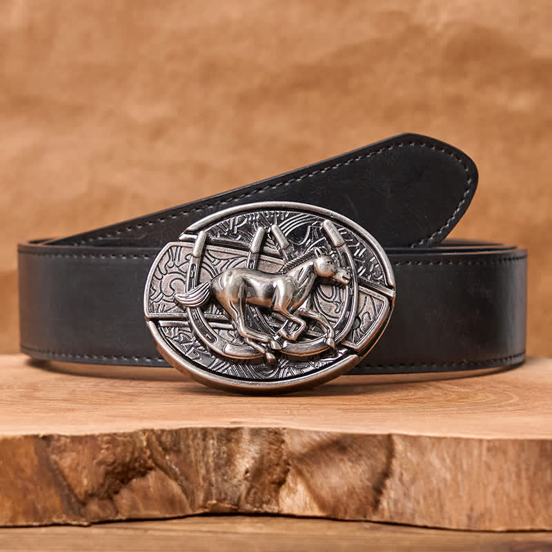 Men's DIY Galloping Horse Hidden Folding Knife Leather Belt