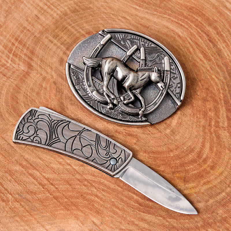 Men's DIY Galloping Horse Hidden Folding Knife Leather Belt