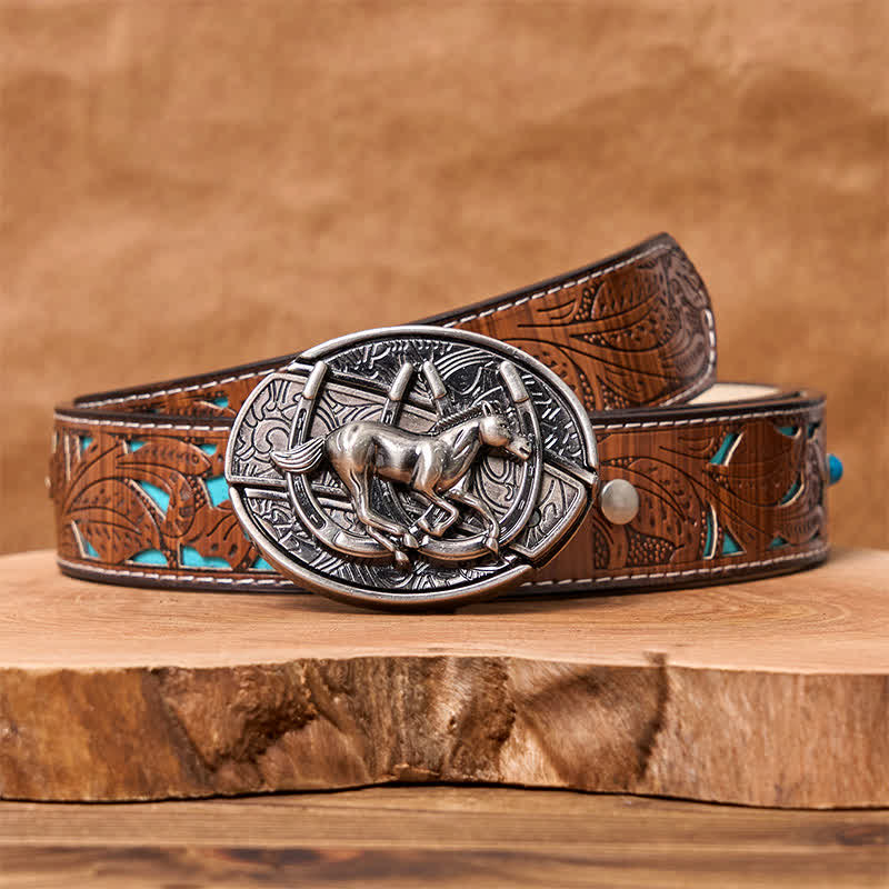 Men's DIY Galloping Horse Hidden Folding Knife Leather Belt