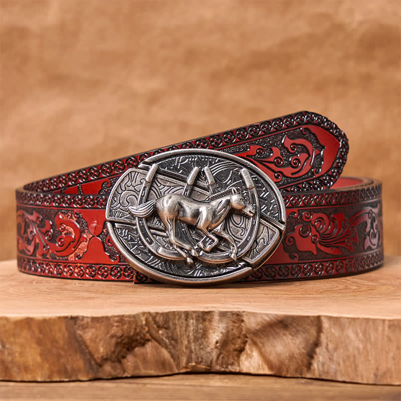 Men's DIY Galloping Horse Hidden Folding Knife Leather Belt