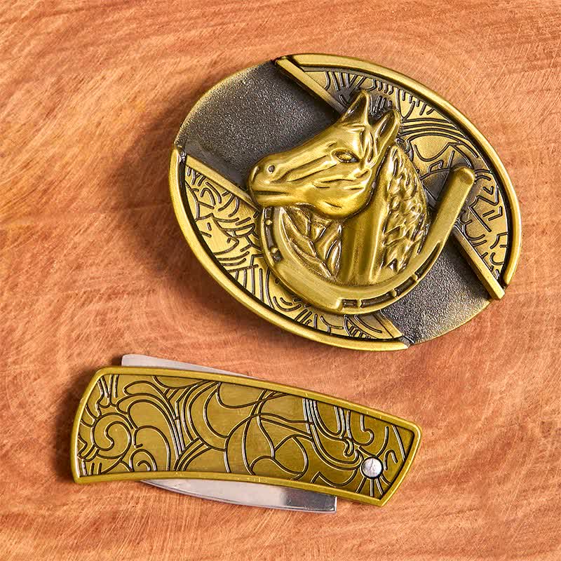 Men's DIY Bronze Horse Head Hidden Folding Knife Leather Belt