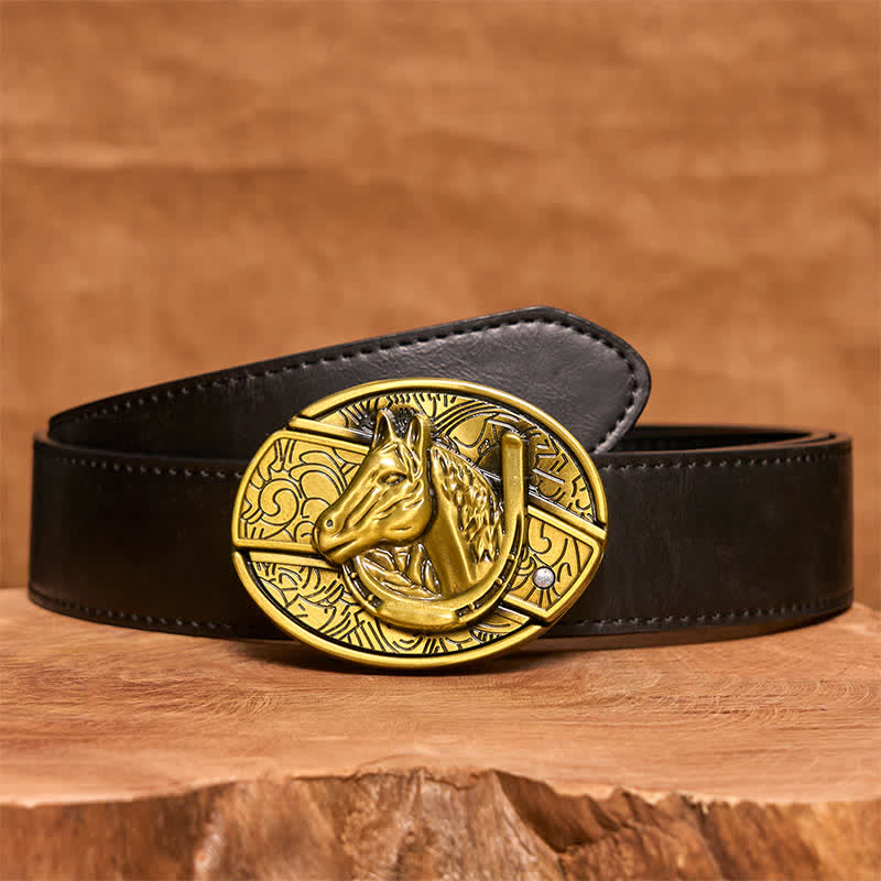 Men's DIY Bronze Horse Head Hidden Folding Knife Leather Belt
