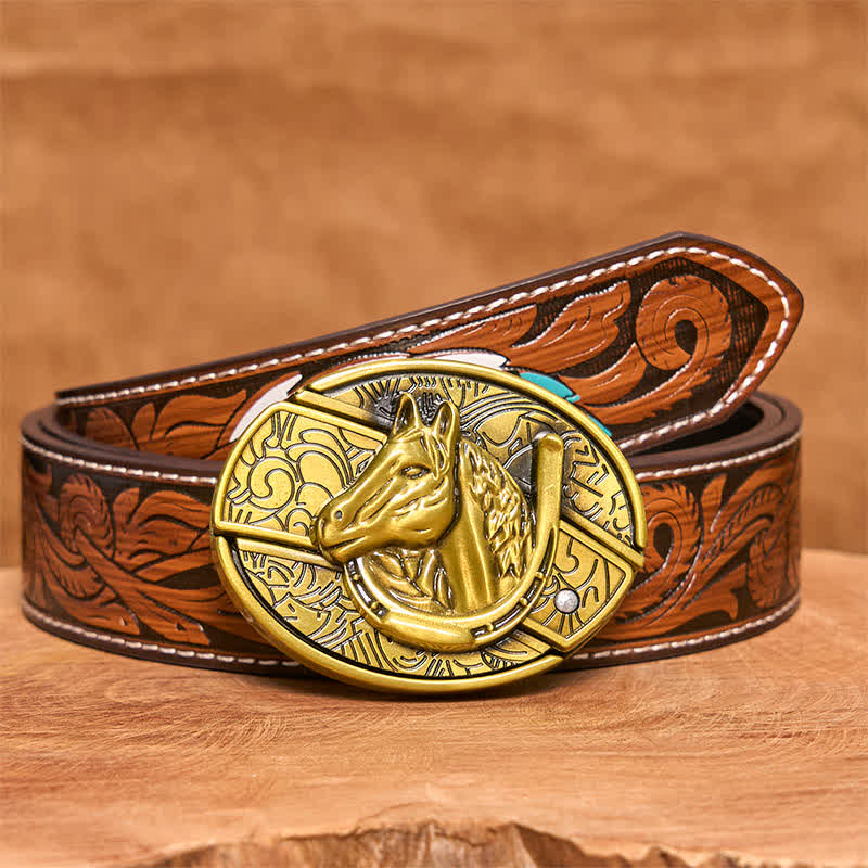 Men's DIY Bronze Horse Head Hidden Folding Knife Leather Belt
