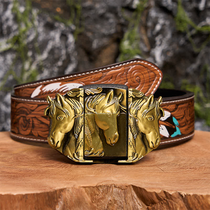 Men's DIY Bronze Triple Horses Leather Belt With Hidden Lighter