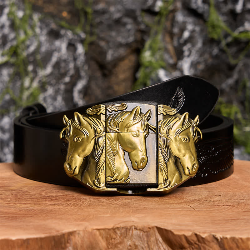 Men's DIY Bronze Triple Horses Leather Belt With Hidden Lighter