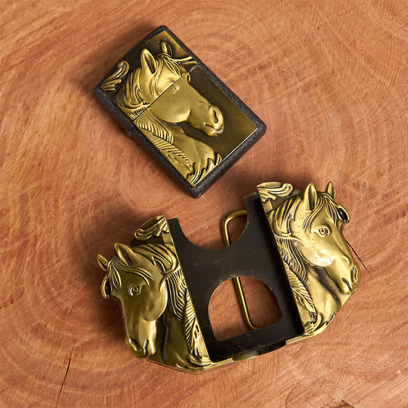 Men's DIY Bronze Triple Horses Leather Belt With Hidden Lighter