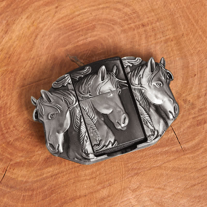 Men's DIY Silver Triple Horses Leather Belt With Hidden Lighter