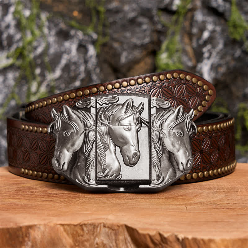 Men's DIY Silver Triple Horses Leather Belt With Hidden Lighter