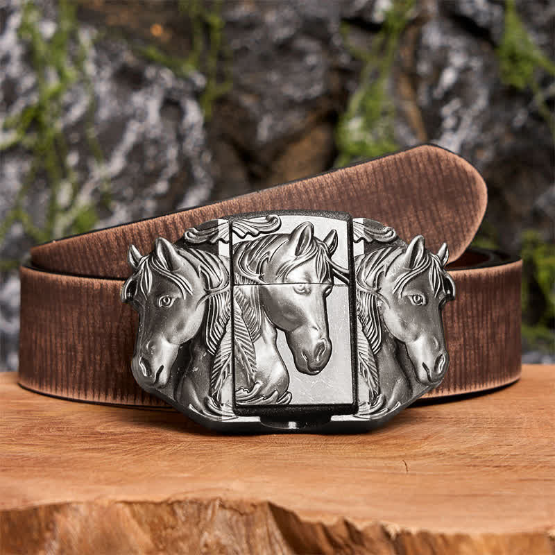 Men's DIY Silver Triple Horses Leather Belt With Hidden Lighter