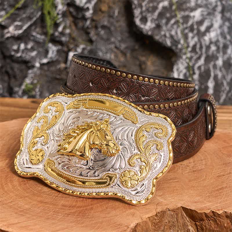 Gold Horse Head DIY Western Cowboy Buckle Leather Belt