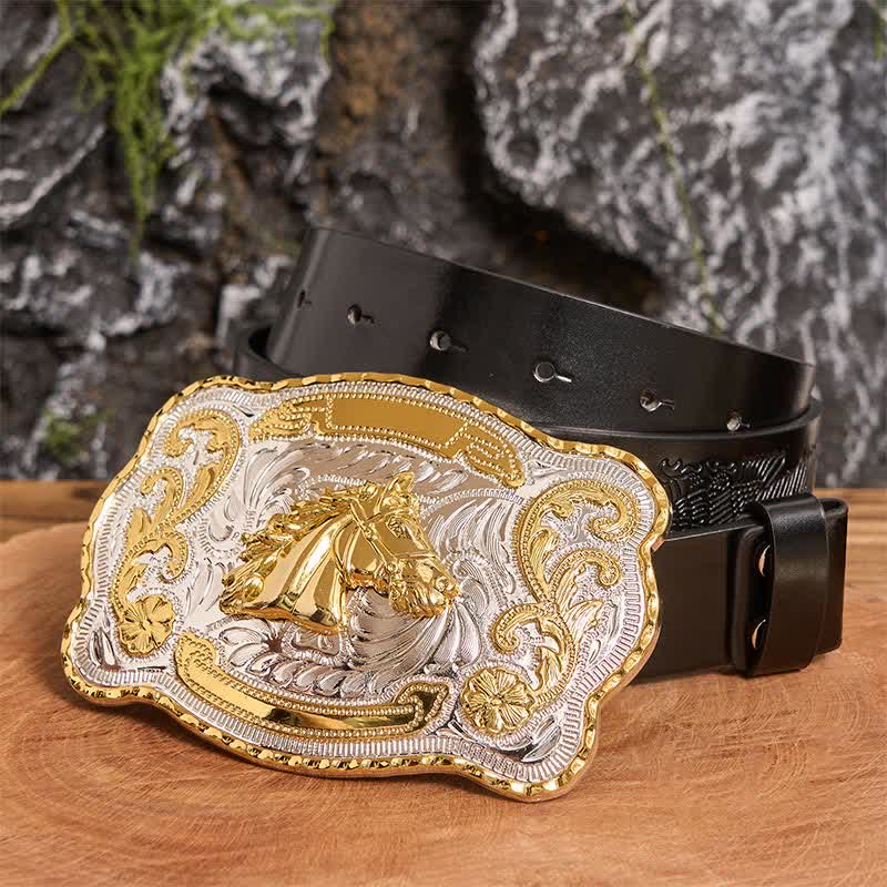 Gold Horse Head DIY Western Cowboy Buckle Leather Belt