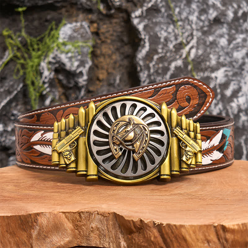 Rotating Bronze Horseshoe DIY Gun & Bullet Pattern Buckle Leather Belt
