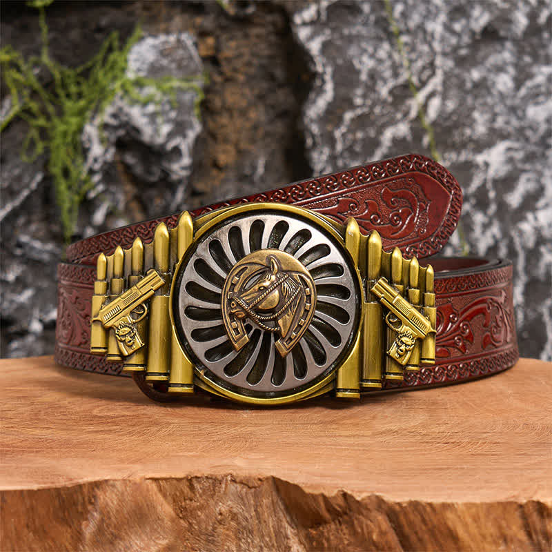 Rotating Bronze Horseshoe DIY Gun & Bullet Pattern Buckle Leather Belt
