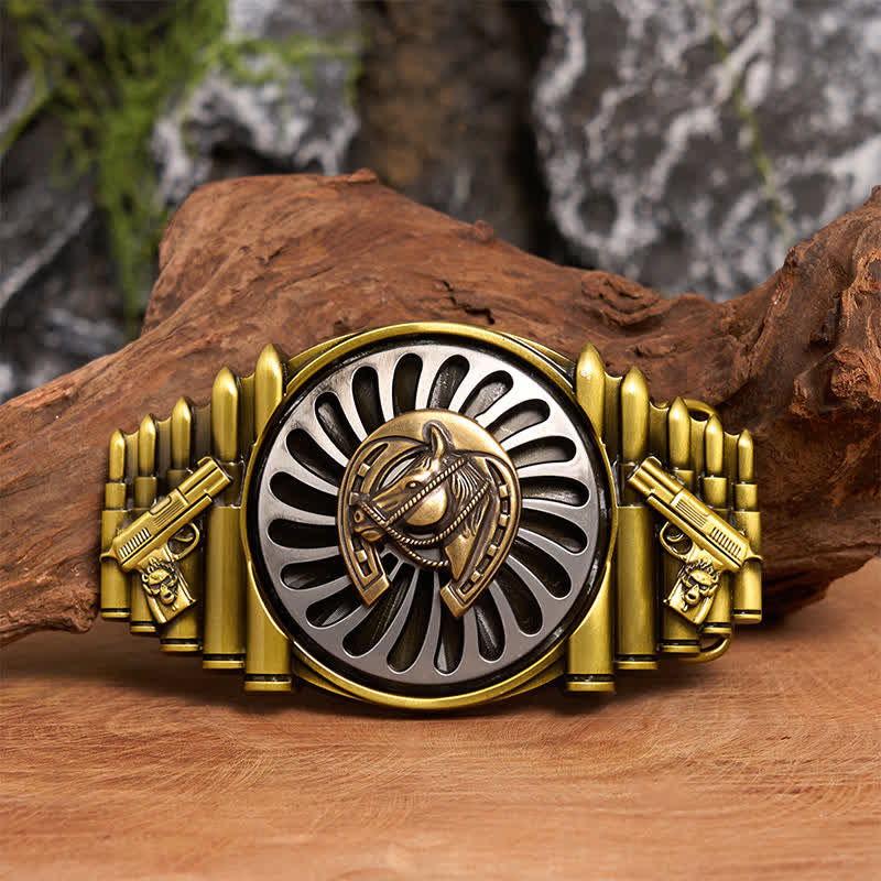 Rotating Bronze Horseshoe DIY Gun & Bullet Pattern Buckle Leather Belt