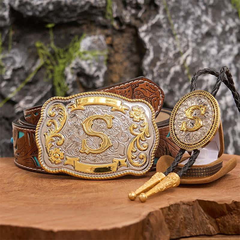 Initial Letter DIY Large Belt Buckle Gold Bolo Tie Bundle Set