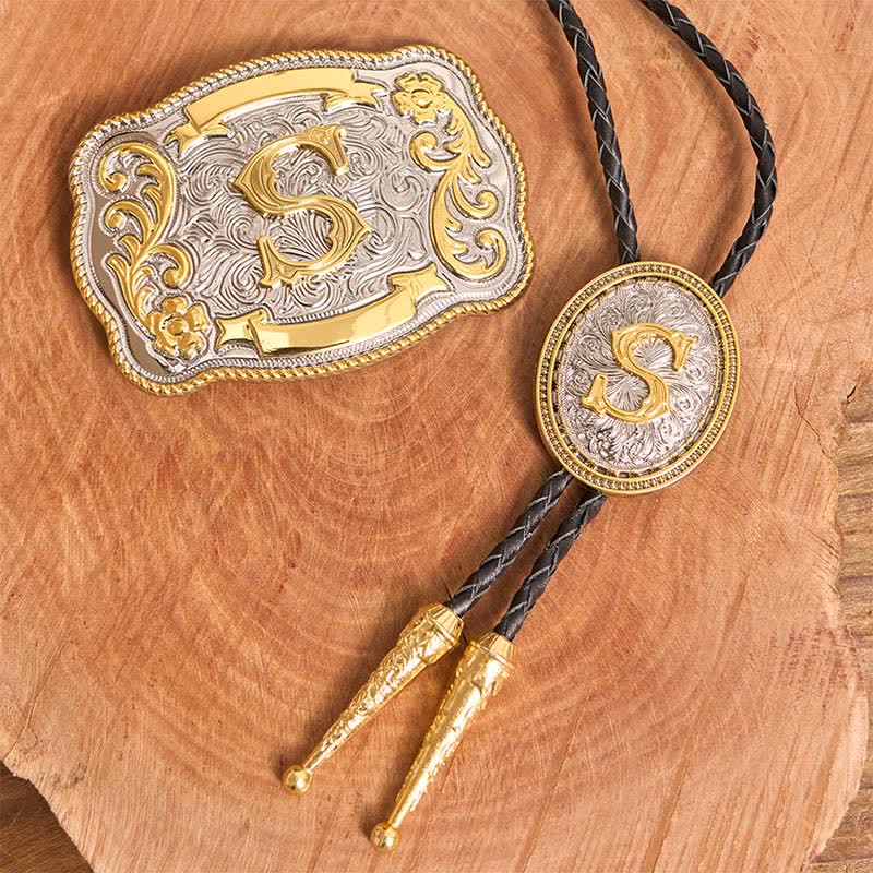 Initial Letter DIY Large Belt Buckle Gold Bolo Tie Bundle Set