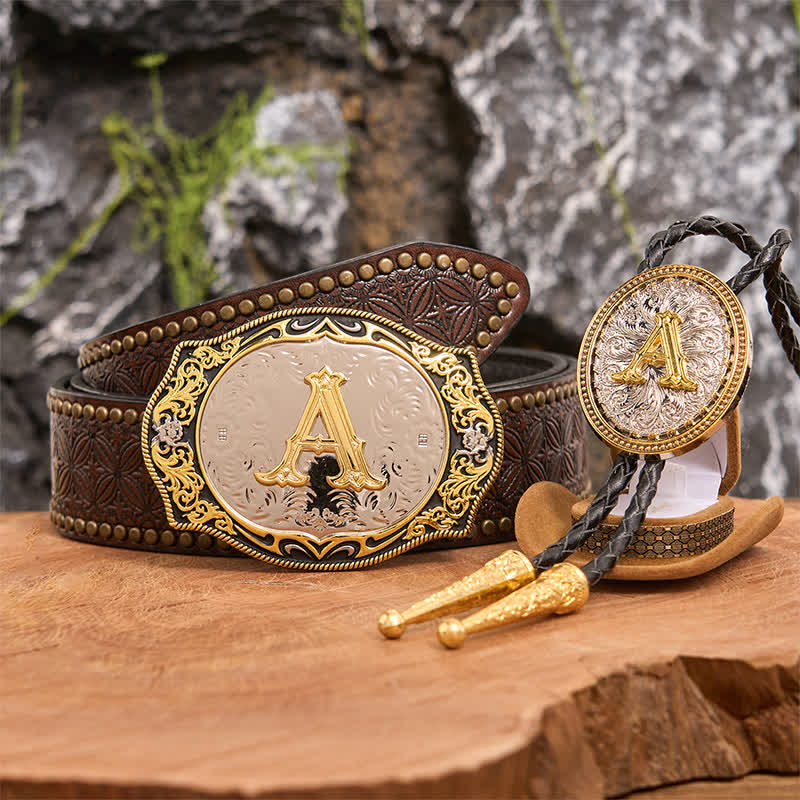 Golden Black Initial Letter DIY Belt Buckle Gold Bolo Tie Bundle Set