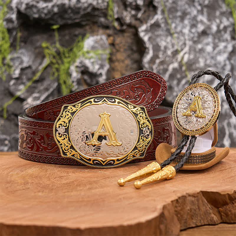 Golden Black Initial Letter DIY Belt Buckle Gold Bolo Tie Bundle Set