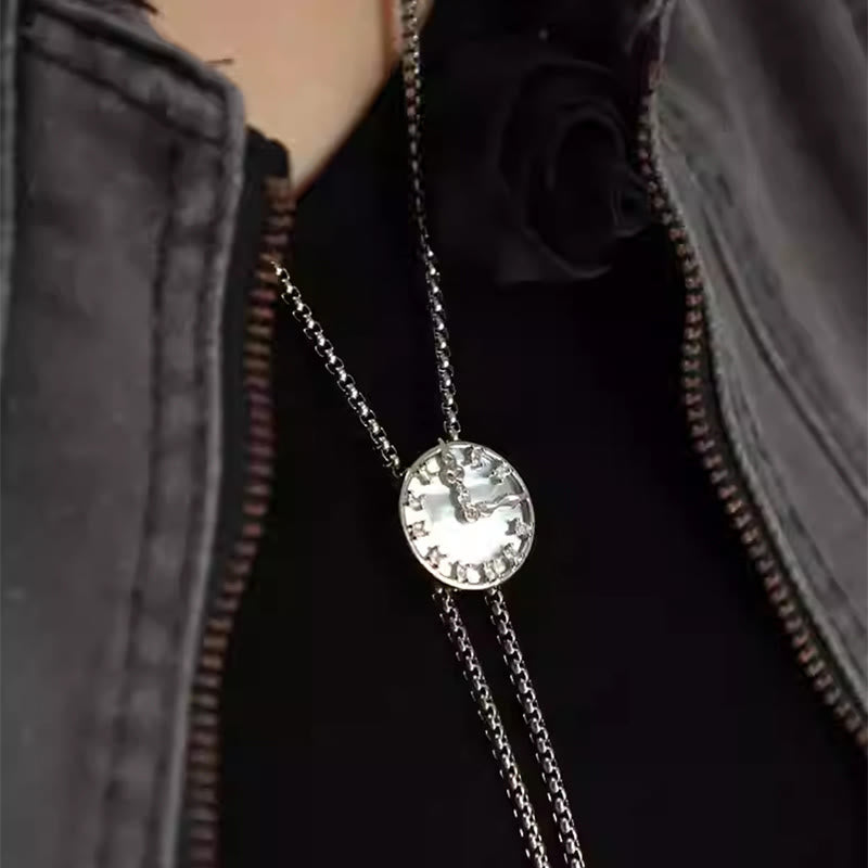 Unisex Vintage Silver Stationary Clock Design Bolo Tie