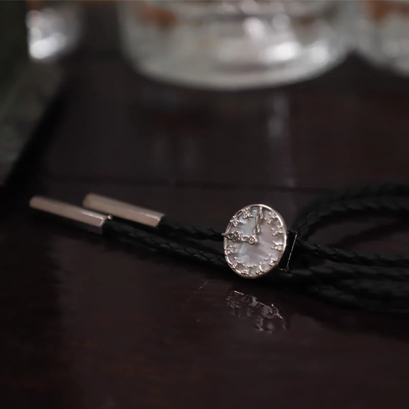 Unisex Vintage Silver Stationary Clock Design Bolo Tie