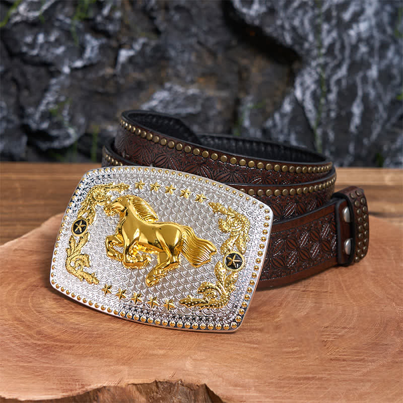 Rectangular DIY Two Tone Running Horse Large Buckle Leather Belt