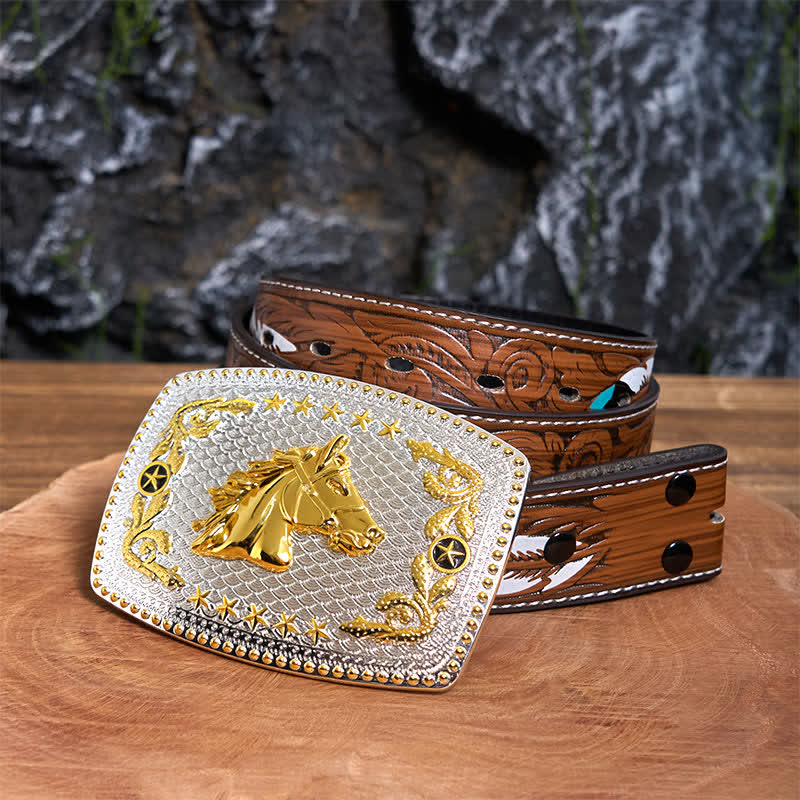 Rectangular DIY Two Tone Horse Head Large Buckle Leather Belt
