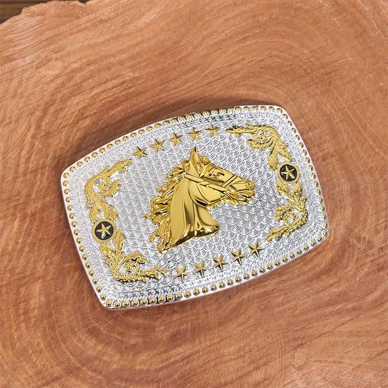 Rectangular DIY Two Tone Horse Head Large Buckle Leather Belt