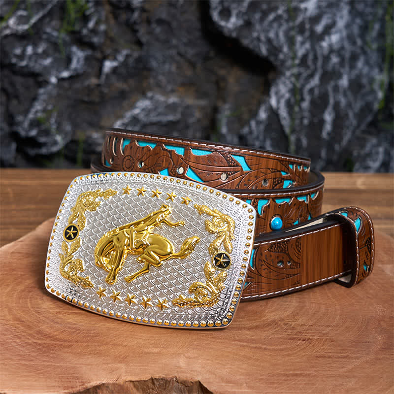 Rectangular DIY Two Tone Horse Riding Large Buckle Leather Belt