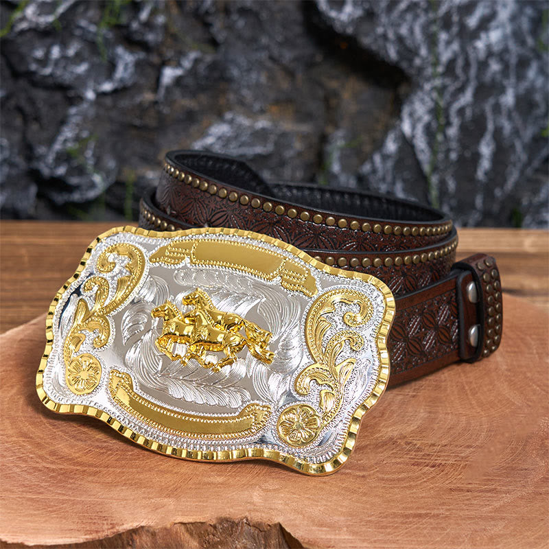 Three Galloping Horses DIY Cowboy Buckle Leather Belt