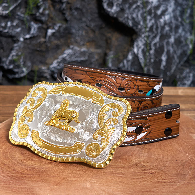 Golden Gallant Horse DIY Cowboy Buckle Leather Belt