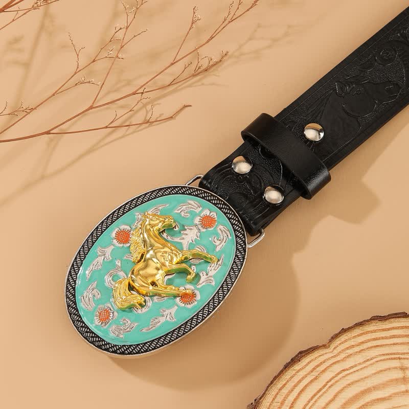 Horse Theme Turquoise-Tone Buckle Black Embossed Leather Belt