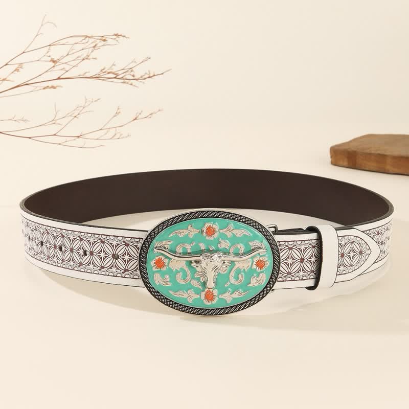 Longhorn Bull Turquoise-Tone Buckle Embossed Leather Belt
