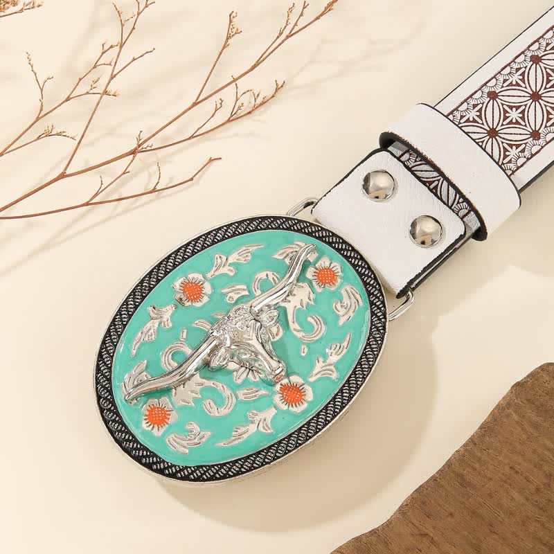 Longhorn Bull Turquoise-Tone Buckle Embossed Leather Belt