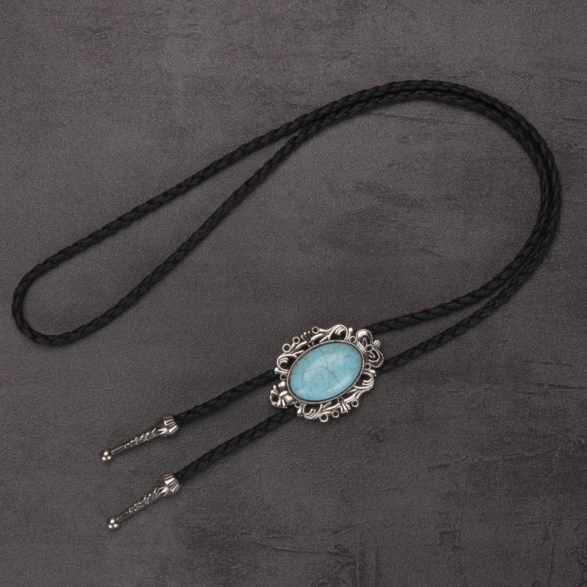Retro Western Turquoise Elliptical Pendant Bolo Tie