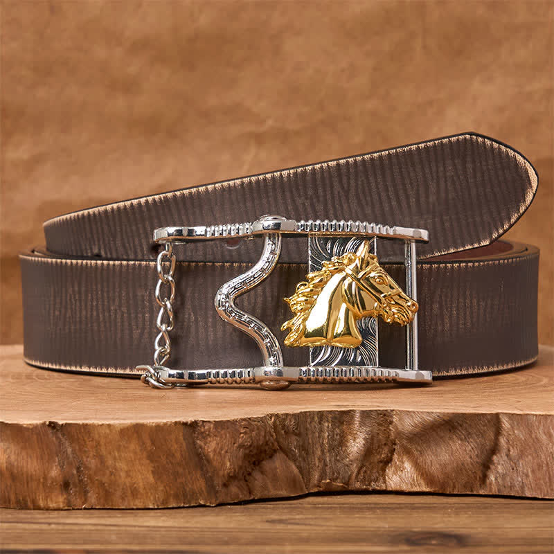 Hollow Out Gold & Silver Horse Head Buckle Leather Belt