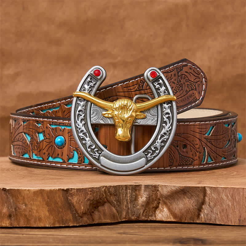 Gold Bull Head Western Horseshoe Shape Buckle Leather Belt