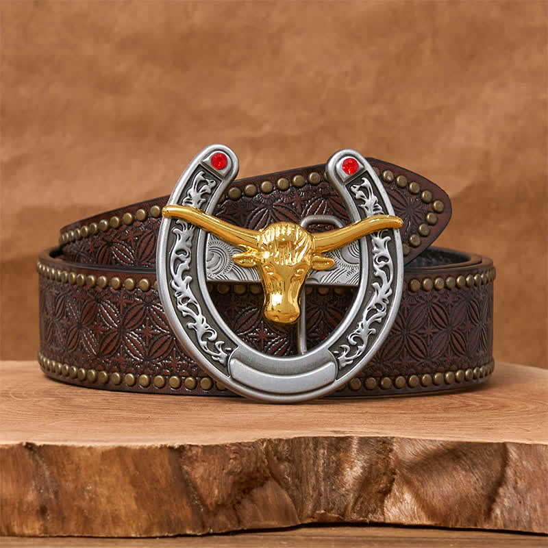 Gold Bull Head Western Horseshoe Shape Buckle Leather Belt