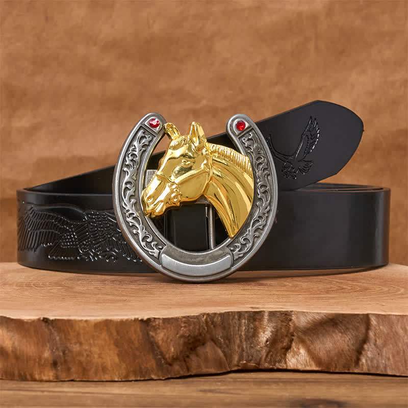 Horse Head & Horseshoe Shape Buckle Leather Belt