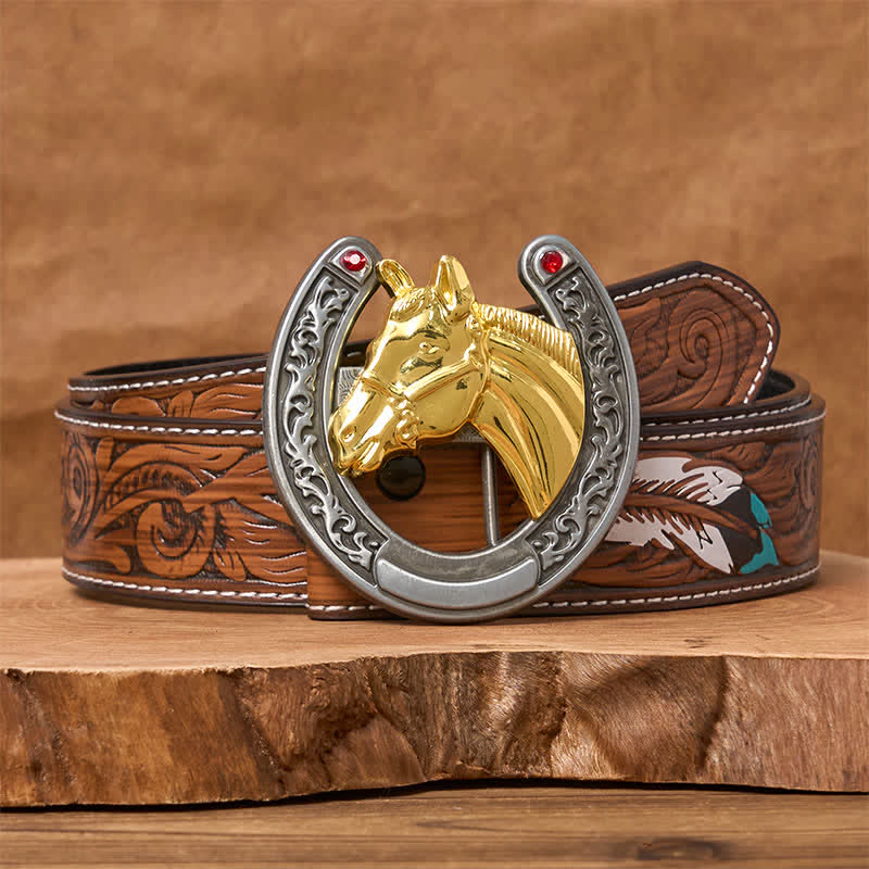 Horse Head & Horseshoe Shape Buckle Leather Belt
