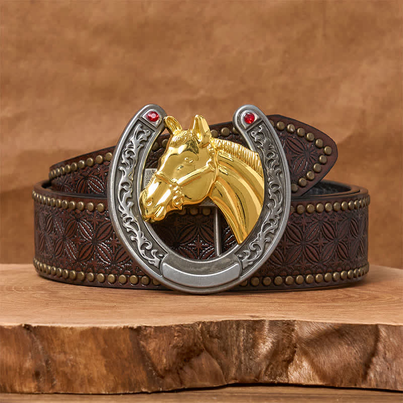 Horse Head & Horseshoe Shape Buckle Leather Belt