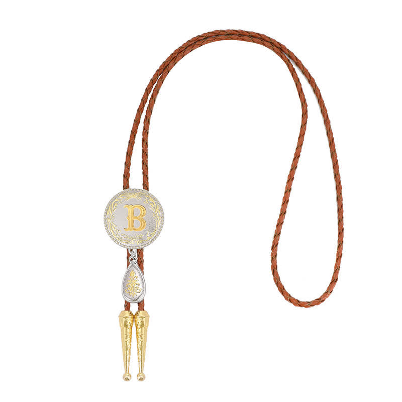 Initial Letter Brown Leather Bolo Tie With Teardrop-Shaped Pendant