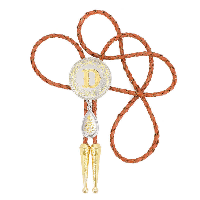 Initial Letter Brown Leather Bolo Tie With Teardrop-Shaped Pendant