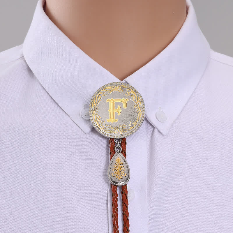 Initial Letter Brown Leather Bolo Tie With Teardrop-Shaped Pendant