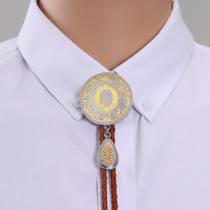 Initial Letter Brown Leather Bolo Tie With Teardrop-Shaped Pendant