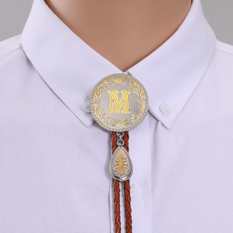 Initial Letter Brown Leather Bolo Tie With Teardrop-Shaped Pendant