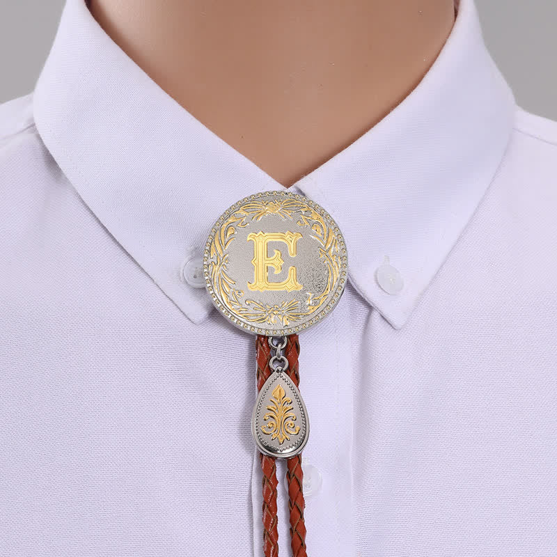 Initial Letter Brown Leather Bolo Tie With Teardrop-Shaped Pendant